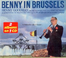 GOODMAN BENNY :  BENNY IN BRUSSELS  (JAZZ PLAZA)

Benny Goodman è venuto in Europa molte volte nel corso della sua carriera, ricevendo sempre un'accoglienza entusiasta. Una delle sue incursioni più nota nel Vecchio Continente è stata la sua partecipazione alla sezione americana del World Fair di Bruxelles del 1958. In quell'occasione Goodman era accompagnato dalla sua big band (ma ha anche suonato alcune canzoni con formazioni più ristrette), alla quale si era unito come ospite speciale il celebre cantante Jimmy Rushing. Come indicato nelle note di copertina originali, la band fu accolta molto bene dal pubblico europeo. Il successo travolgente del gruppo portò la Columbia ad acquisire una parte delle registrazioni effettuate nell'occasione dalla Westinghouse Broadcasting Company per poi pubblicarle in due diversi album intitolati Benny a Bruxelles vol.1 e l'omonimo vol. 2. I due album vengono presentati nella loro interezza in questa produzione e, ai diciotto brani originali, sono stati aggiunti altri due brani tratti dalle stesse registrazioni, ma mai pubblicati: Stompin' at the Savoy e Flying Home.