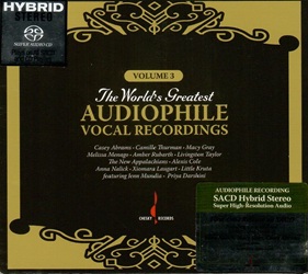 VARIOUS :  THE WORLD'S GREATEST AUDIOPHILE VOCAL RECORDINGS VOL. 3 (SACD)  (EVOLUTION MUSIC)

La serie audiophile proposta dalla giapponese Evolution Music, ma originariamente pubblicata da Chesky Records, si arricchisce di un nuovo volume da aggiungere alla nostra collezione: �The World�s Greatest Audiophile Vocal Recordings Vol. 3�. Protagonisti del disco sono alcuni dei migliori vocalisti come Macy Gray (�I Try�), Casey Abrams (�Why Don�t You Do Right�), Livingston Taylor (�I Must Be Doing Something Right�) e molti altri ancora. L�album � una testimonianza, qualora ce ne fosse bisogno, dell�impegno che Chesky Records ha sempre messo nel garantire al pubblico un suono dettagliato, chiaro e di altissima qualit�.